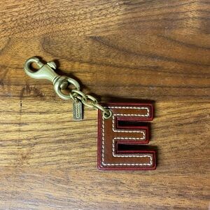 Vintage Coach Letter E Initial Red Brown Black Leather Charm Key Fob Keychain
